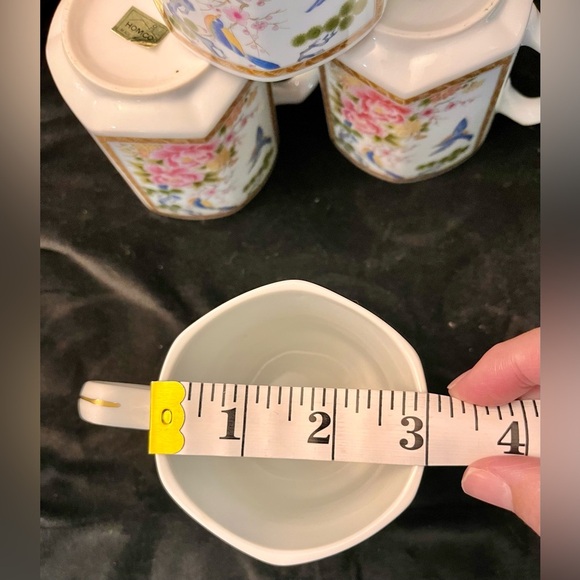 Homco Japan 4 Mugs Cups Hexagon Gilded Peonies Bluebirds Bridgerton China Gift - Picture 16 of 17